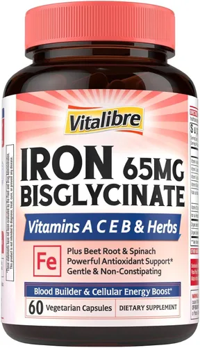 Vitalibre Suplemento de hierro para mujeres y hombres, bisglicinato de hierro, 65 mg de hierro elemental, sin estreñimiento, con vitaminas C, B6,