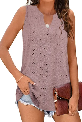 Miniatura 3 de Zwurew Camiseta sin mangas para mujer, ajuste holgado, sin mangas, cuello en V, camisola, elegante, casual, con ojales, para verano, blusa fluida
