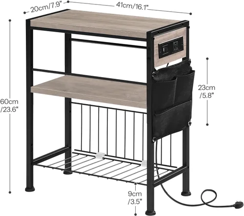 Miniatura 3 de HOOBRO Mesa auxiliar con estación de carga, mesa auxiliar pequeña con soporte para revistas, mesita de noche, estante de almacenamiento de 3 niveles