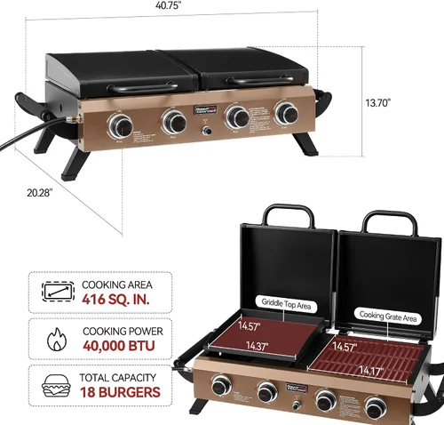 Miniatura 2 de GD4001TB Combo de parrilla y plancha de propano, 4 quemadores, parrilla de gas portátil para patio trasero o cocina al aire libre, 40000 BTU
