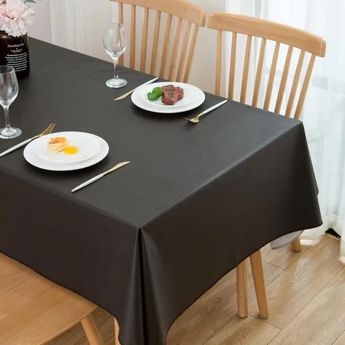 Miniatura 6 de LIBERECOO Mantel de vinilo con reverso de franela, negro sólido, impermeable, resistente a las manchas, mantel de mesa fácil de limpiar