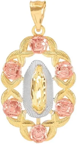 Colgante ovalado festoneado católico con diseño de "Our Lady of Guadalupe" de tres colores, amarillo, blanco y oro rosa, elección de oro de 10