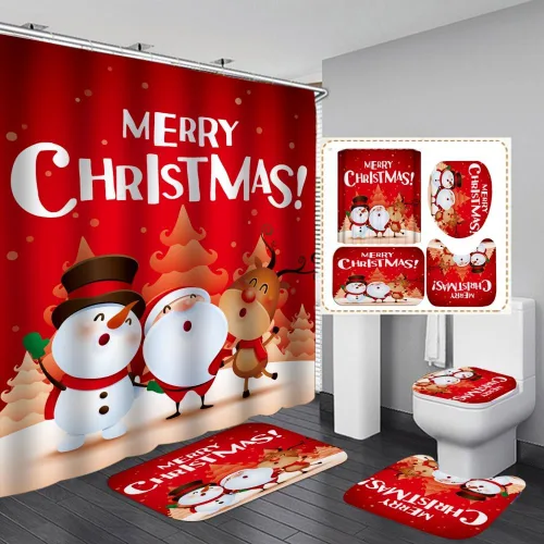 Miniatura 19 de Juego de 4 cortinas de ducha con alfombra antideslizante, cubierta para tapa de inodoro y tapete de baño, cortina de ducha de Papá Noel con 12