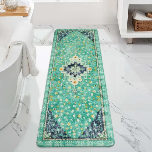 Miniatura 32 de Uphome Alfombra de baño vintage, azul, bohemio, antideslizante, oriental, suave, lavable a máquina, lindas alfombras de baño tribales florales