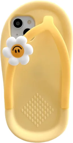 Miniatura 9 de Yatchen Funda Kawaii para iPhone 11, diseño de pantuflas amarillas de dibujos animados con chanclas de flores, funda 3D de silicona suave para tenis