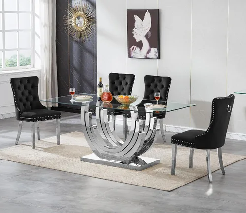 Miniatura 22 de Juego de mesa de comedor de cristal dorado moderno de 70 pulgadas para 4, juego de mesa de comedor rectangular de 5 piezas con tres patas de acero