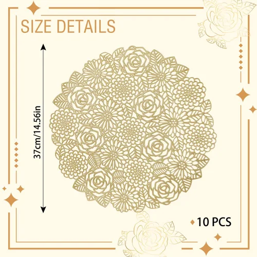 Miniatura 2 de 10 manteles individuales redondos de vinilo prensado dorado, manteles individuales metálicos, antideslizantes, para bodas, cenas, fiestas, Flor