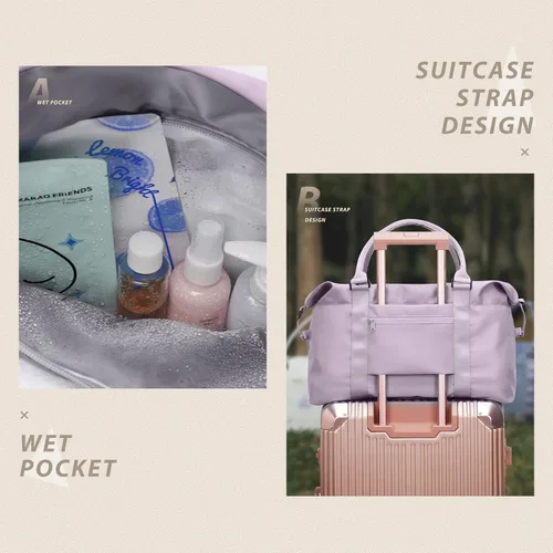 Miniatura 6 de Bolsa de gimnasio para mujer con compartimento para zapatos, bolsa de lona de viaje, bolsa de deporte para gimnasio, F5-Púrpura Claro, Bolsa de viaje