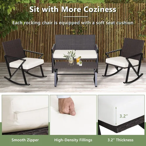 Miniatura 6 de Tangkula Patiojoy - Juego de muebles mecedores de patio de 4 piezas, sofá biplaza de mimbre de polietileno resistente con 2 sillas mecedoras y 1