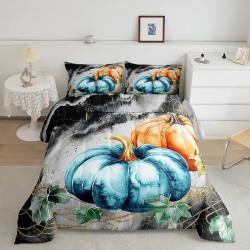 Miniatura 26 de Erosebridal Juego de edredón individual de pavo de Acción de Gracias, juego de ropa de cama de calabaza con hojas de otoño para niños y adultos
