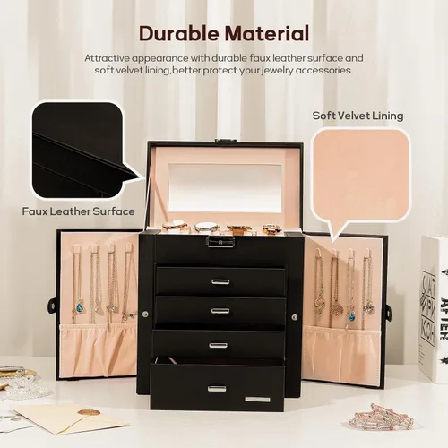 Miniatura 6 de Homde Caja de joyería enorme de cuero sintético Organizador de reloj con espejo Collar Anillo Pendiente Almacenamiento Caja de regalo con cerradura