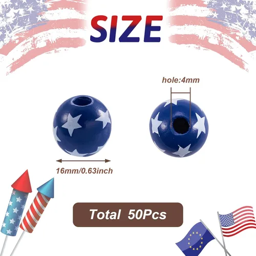 Miniatura 6 de FASHEWELRY 50 cuentas de madera patrióticas del 4 de julio de 0.632 pulgadas (0.630 in), estrella azul, bandera estadounidense, día