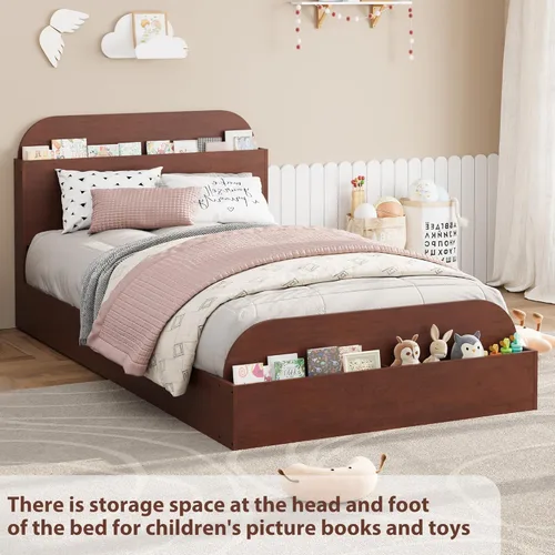 Miniatura 7 de Estructura de cama Garvee tamaño individual con cabecero y estribo – Cama de plataforma baja para niños, diseño de piso doble de madera, sin ruido