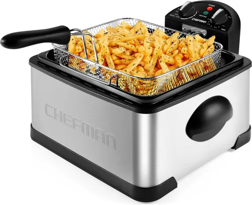 Chefman - Freidora de 4.5 litros con colador de canasta, tamaño extragrande, temperatura y temporizador ajustables, perfecta para pollo frito,