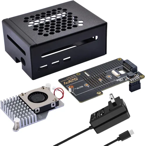GeeekPi Carcasa metálica para Raspberry Pi 5, con enfriador activo oficial Pi 5, N04 M.2 NVMe SSD PCIe y fuente de alimentación USB C de 27 W para