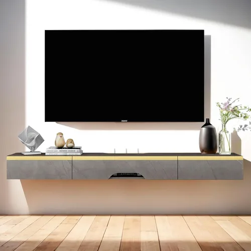 Miniatura 3 de Pmnianhua Soporte flotante para TV con 2 cajones, consola de TV de 66 pulgadas para montar en la pared, estante debajo de la TV con almacenamiento