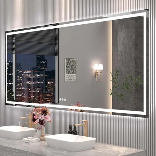 Miniatura 54 de Snowdool Espejo LED de baño, 32 x 32 pulgadas con luz frontal y retroiluminada, antivaho, espejo de tocador de baño para pared, función de memoria