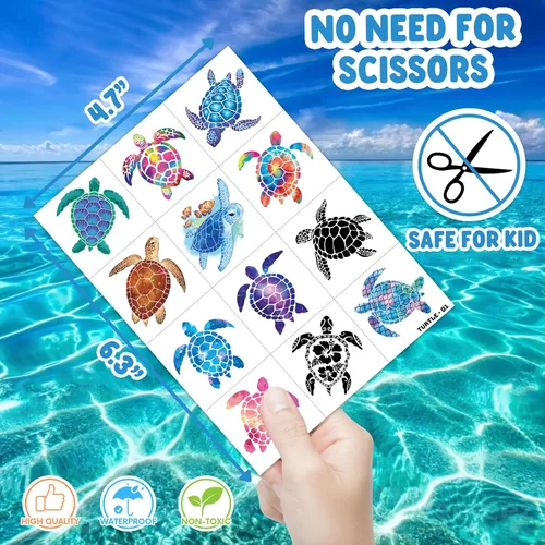 Miniatura 4 de 96 tatuajes temporales precortados de tortuga para niños Recuerdos de fiesta de cumpleaños temáticos súper lindos, suministros, decoraciones