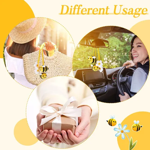 Miniatura 5 de 4 piezas de lindos accesorios para espejo retrovisor de abeja y flor, decoración de coche de ganchillo, accesorios para espejo de coche tejidos a