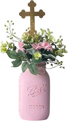 Miniatura 15 de Tarro rosa para centros de mesa, pintado a mano, cuarto de galón envejecido de 32 onzas, 7 pulgadas de alto, centro de mesa rústico de baby shower
