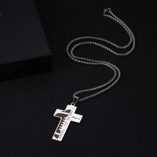 Miniatura 4 de Susook Collar de cruz de fútbol para hombre, versículo de la Biblia, dije deportivo de acero inoxidable con texto en inglés "I CAN DO All Things