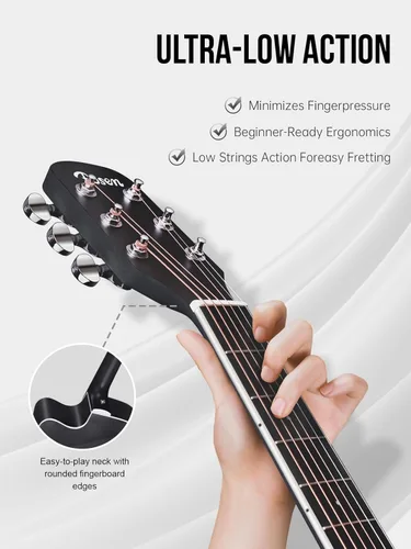 Miniatura 5 de Rosen Guitarra acústica Dreadnought de tapa sólida de 104 cm con abeto, para principiantes, con libro, bolsa acolchada, cuerdas, púas, llave Negro