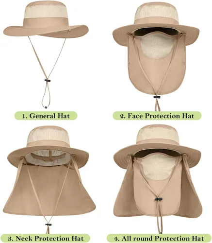 Miniatura 3 de Sombrero de pesca de ala ancha para hombre, 2 piezas, protección solar UPF 50+, extraíble, solapa para cara y cuello