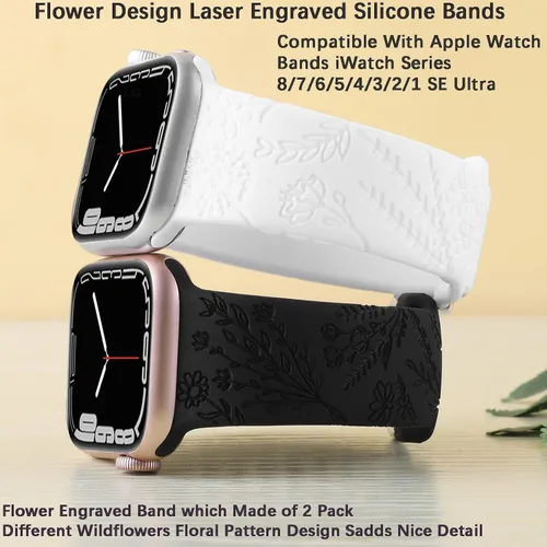 Miniatura 2 de Correa de silicona grabada con flores compatible con correas de Apple Watch de 1.496 pulgadas, 1.575 pulgadas, 1.614 pulgadas, bonita correa Negro