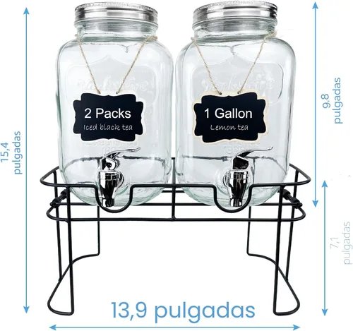 Miniatura 2 de Despachador de bebidas de vidrio de 1 galón para fiestas, paquete de 2, dispensador de jugo, limonada, té helado y agua con soporte, dispensadores