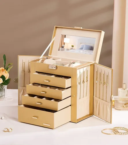 Miniatura 71 de Homde Regalos de Navidad de cuero sintético, enorme joyero, organizador de reloj con espejo, collar, anillo y aretes, estuche de regalo con Dorado