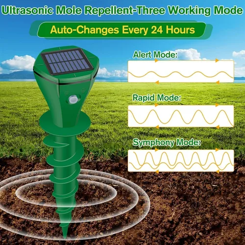 Miniatura 4 de Repelente de topos alimentado por energía solar, paquete de 4 repelente ultrasónico de gopher IP65 impermeable para césped, jardín, patio, repelente
