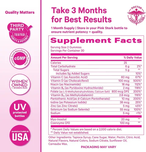 Miniatura 7 de Pink Stork Gomitas de fertilidad prémium Suplementos de fertilidad para mujeres con CoQ10, mio-inositol + vitaminas prenatales Apoyo a