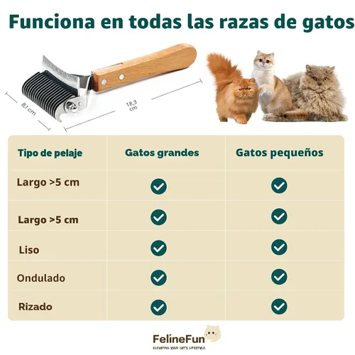 Miniatura 8 de FelineFun Cepillo para Gatos para Desenredar y Quitar Pelo Muerto, Rastrillo 2 en 1 para Subpelo, Elimina Eficazmente el Pelo Suelto y el Pelaje