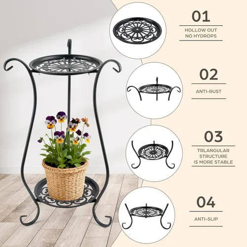 Miniatura 4 de Soporte para plantas de metal resistente de 2 niveles Soporte redondo para plantas en maceta para interiores y exteriores, estante de exhibición