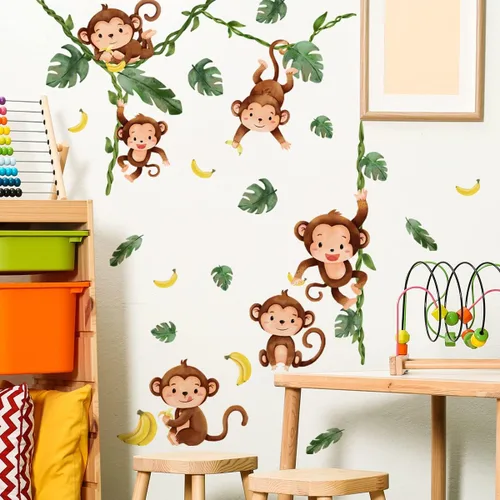 Miniatura 3 de Runtoo Calcomanías de pared de árbol trepador de mono, animales de la selva, calcomanías de arte de pared para dormitorio de niños, guardería y Mono