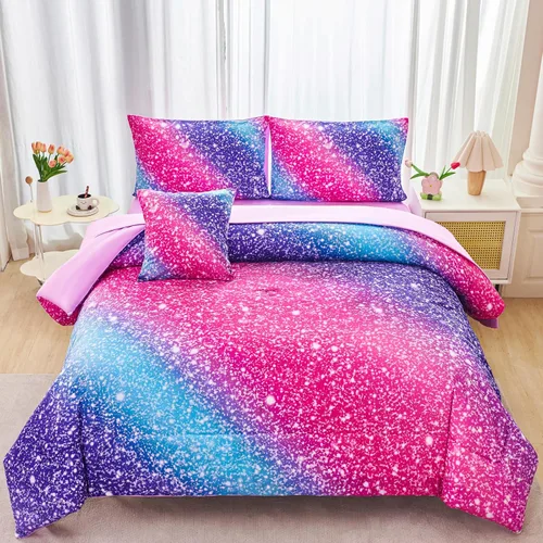 Miniatura 18 de RYNGHIPY Juego de ropa de cama tamaño matrimonial de sirena para niñas, colorido arco iris, juego de edredón con sábanas suaves y ligeras, 6 piezas