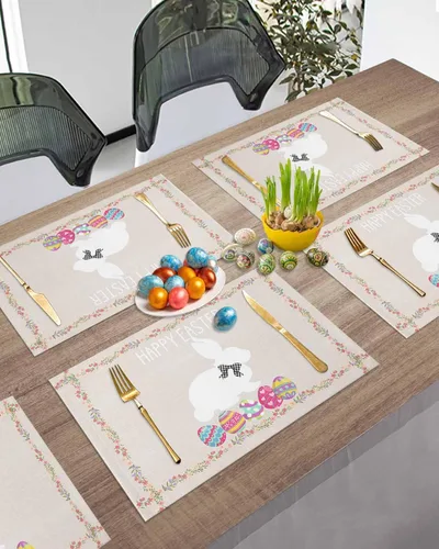 Miniatura 5 de Juego de 4 manteles individuales con diseño de conejo de Pascua para decoración de mesa de Pascua, huevos de Pascua para bodas, fiestas, cocina