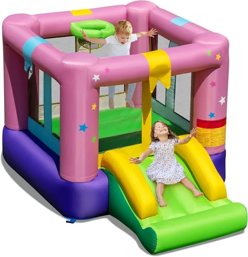 Miniatura 10 de HONEY JOY Casa inflable de rebotes, luna inflable para niños con tobogán, área gigante de saltos, fosa de pelotas oceánicas, aro de baloncesto
