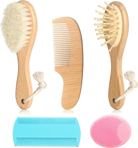 Miniatura 9 de Juego de cepillos de pelo de cabra para bebé, peine de madera para masaje, peine de cuero cabelludo, kit de cuidado natural seguro para el cabello