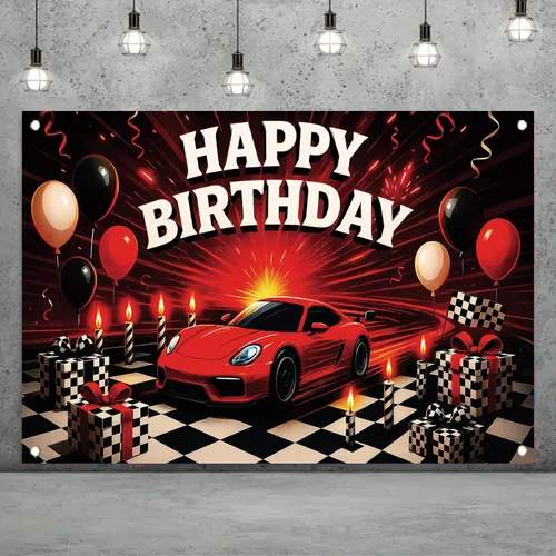 Miniatura 2 de Telón de fondo de auto de carreras con texto en inglés «Happy Birthday» de 71 x 43 pulgadas, para niños, decoración de fiesta de cumpleaños