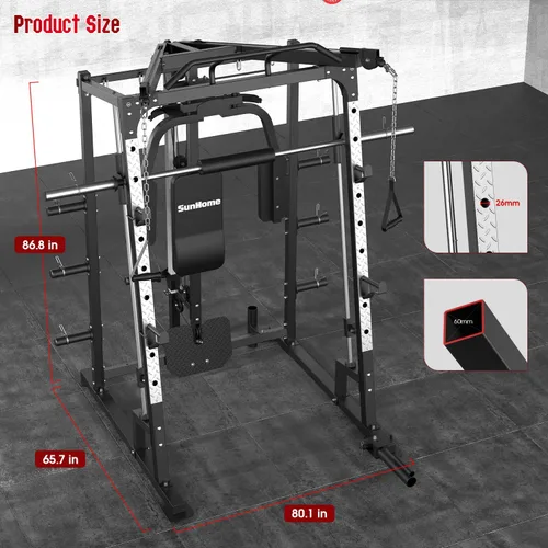 Miniatura 3 de SunHome Smith Machine, soporte para sentadillas Power Cage con barra Smith, sistemas de tracción LAT, máquina cruzada de cables y accesorio de cable