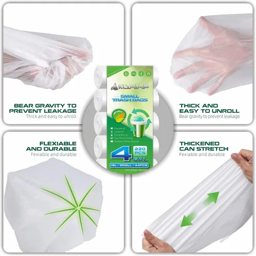 Miniatura 3 de 220 bolsas de basura pequeñas biodegradables de 4 galones, resistentes a desgarros y fugas, sin perfume, para el hogar y la cocina, 5 rollos