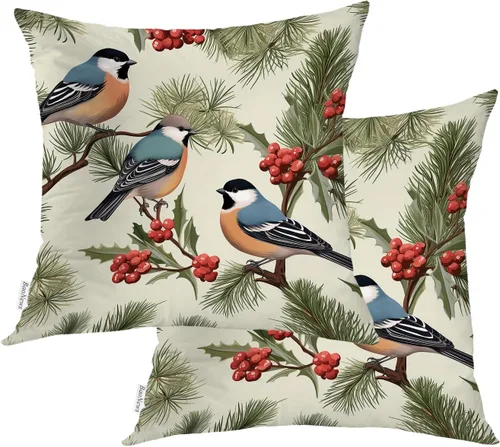 Fundas de almohada con diseño de pinos y pájaros, bayas rojas, hojas de acebo, fondo beige, funda de cojín de mezcla digital, funda de almohada