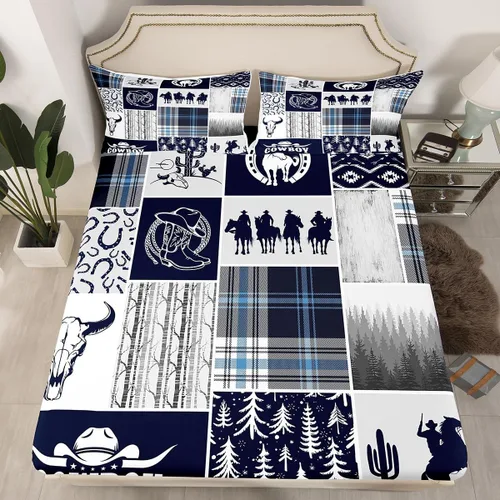 Miniatura 2 de Western Cowboy - Juego de sábanas para niños, tamaño individual, juego de ropa de cama rústica de herraduras, cactus y herraduras, decoración