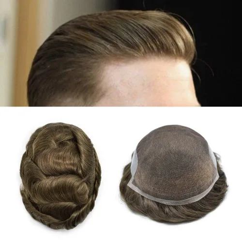 Miniatura 40 de Sistema de cabello para hombres, pieza de cabello humano real, tupé para hombres, encaje suizo para hombre, nudo blanqueado para hombre, tupé