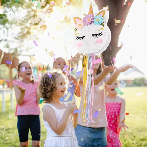 Miniatura 7 de Piñata plegable de unicornio, suministros para fiesta de cumpleaños, piñata extensible con bate y flecos, decoración de fiesta temática, piñatas