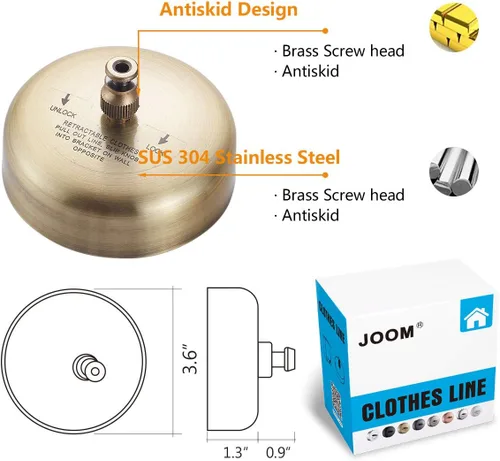 Miniatura 3 de JOOM Tendedero retráctil de acero inoxidable resistente de 9 pies (máximo) para colgar y secar en baño, lavandería, hoteles, acabado cromado