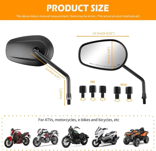 Miniatura 9 de Espejos retrovisores ovalados de 8 mm y 10 mm para motocicleta, compatibles con crucero, picador, bicicleta de calle, bicicleta estándar (negro#1)