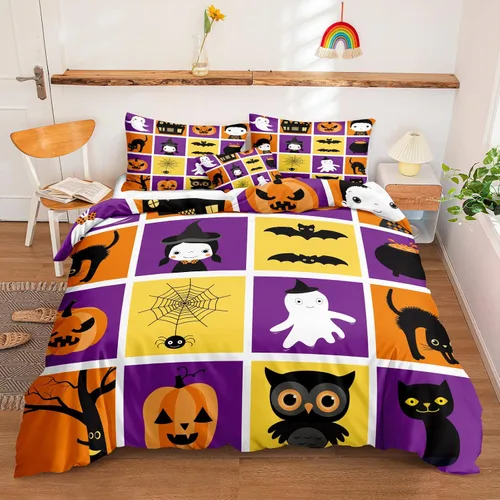 Miniatura 35 de Juego de funda de edredón de calabaza para Halloween, divertido diseño de calabaza malvada, color negro, juego de ropa de cama Tiwn 1 funda