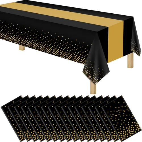 Miniatura 12 de Manteles de plástico desechables 2 en 1 de 54 x 108 pulgadas, mantel rectangular de cocina con lunares negros y azules, para boda, cumpleaños, baby